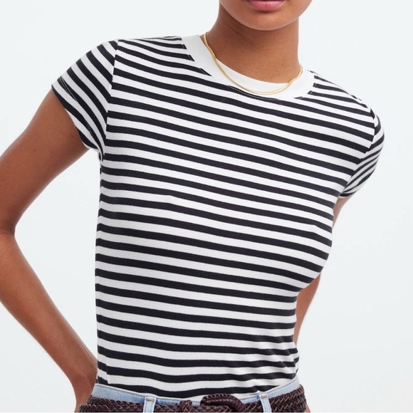 Madewell women’s soft ribbed stretch black & white stripe tee shirt top size XS - Picture 1 of 3